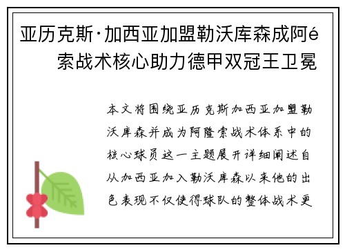 亚历克斯·加西亚加盟勒沃库森成阿隆索战术核心助力德甲双冠王卫冕